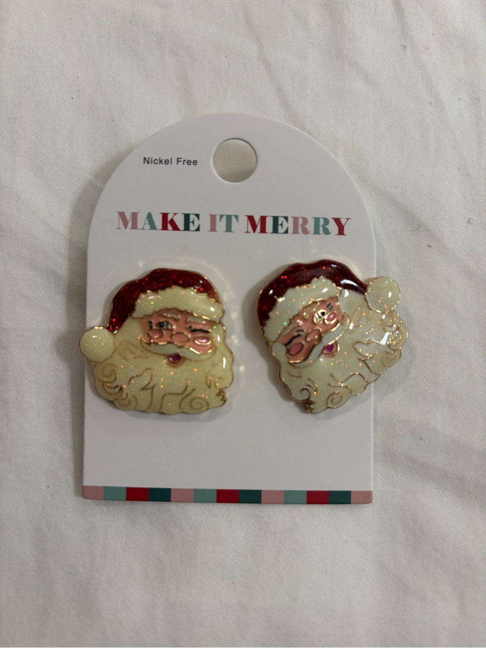 Make It Merry Glitter Santa Face Stud Earrings Nickel Free New